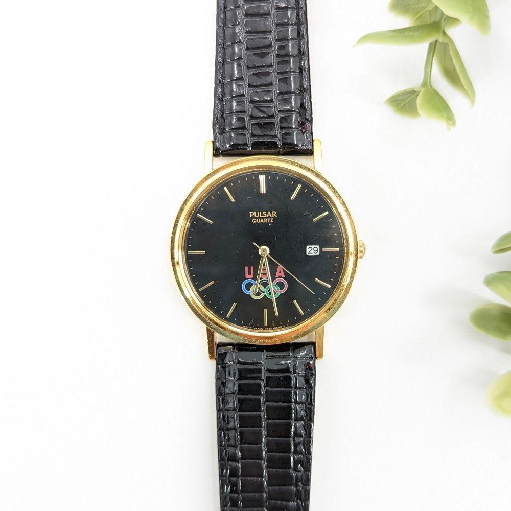 Pulsar Olympic Vintage USA Gold Black Reptile Leather Embossed Band Watch